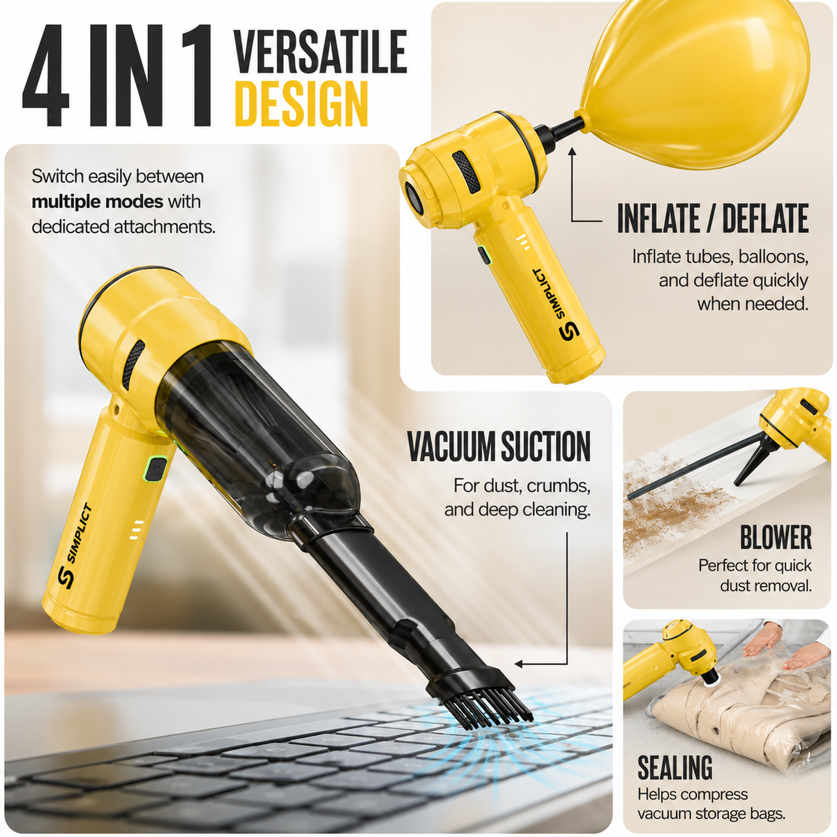 4-in-1 Cordless Vacuum Cleaner & Blower | 15000PA Suction | 6000mAh Battery | For Car, Home, Sofa & Curtains