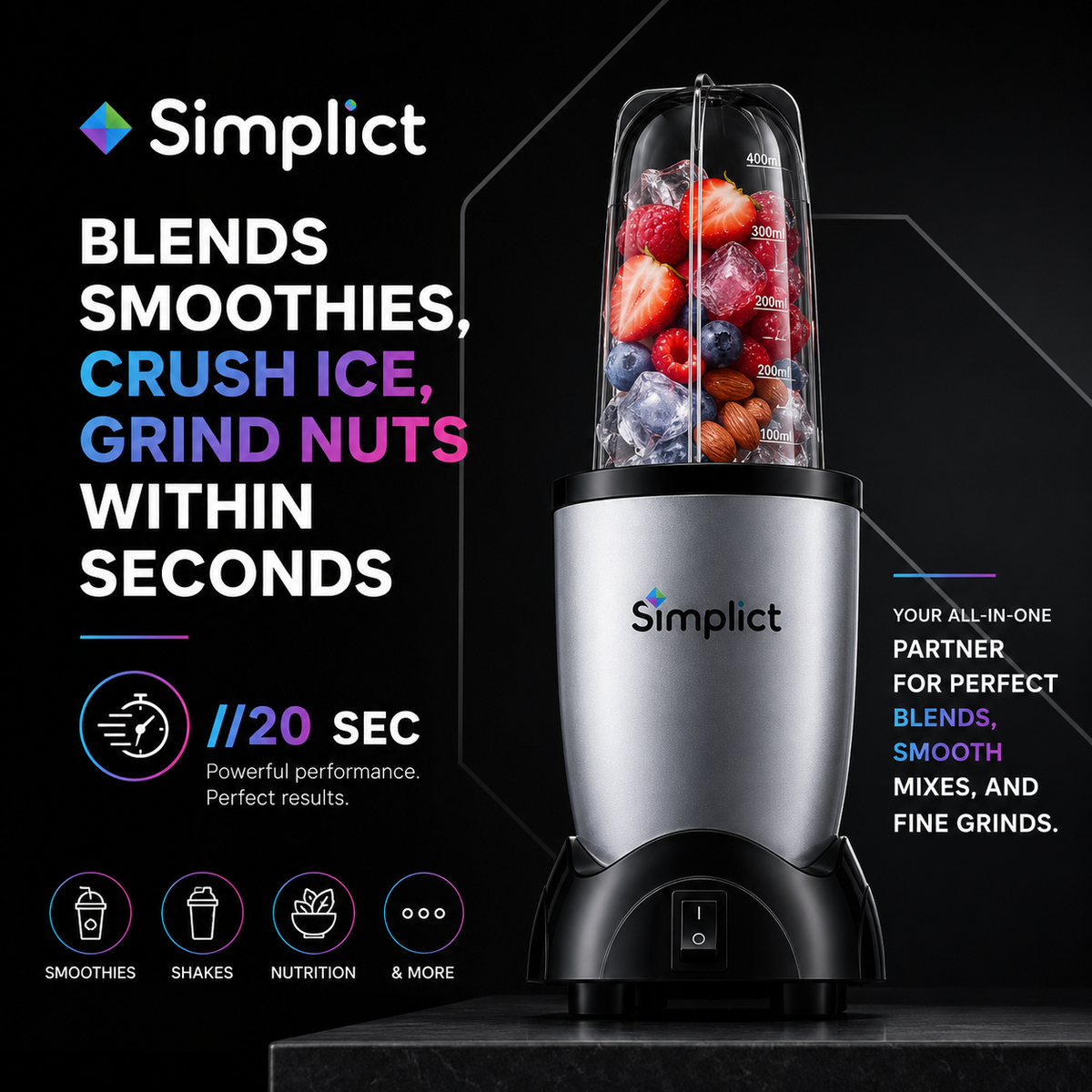 Simplict™ Juicer Mixer Grinder - Smoothie Maker - 500 Watts | 24 Months Warranty