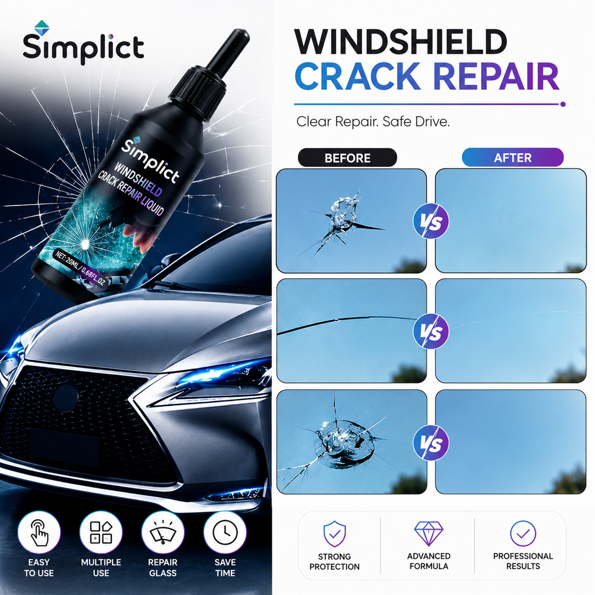 Simplict™ Windshield Crack Repair Kit (Pack of 2)