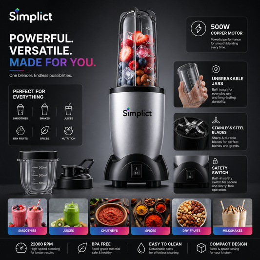 Simplict™ Juicer Mixer Grinder - Smoothie Maker - 500 Watts | 24 Months Warranty
