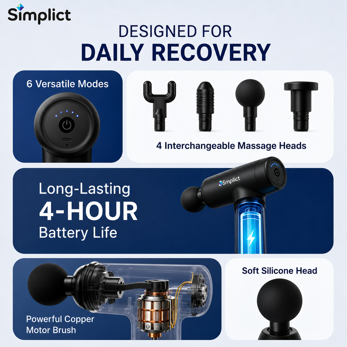 Gun Massager Silicone Head, 4000mAh Battery, Pain Relief, Deep Tissue Full Body Gun Massager