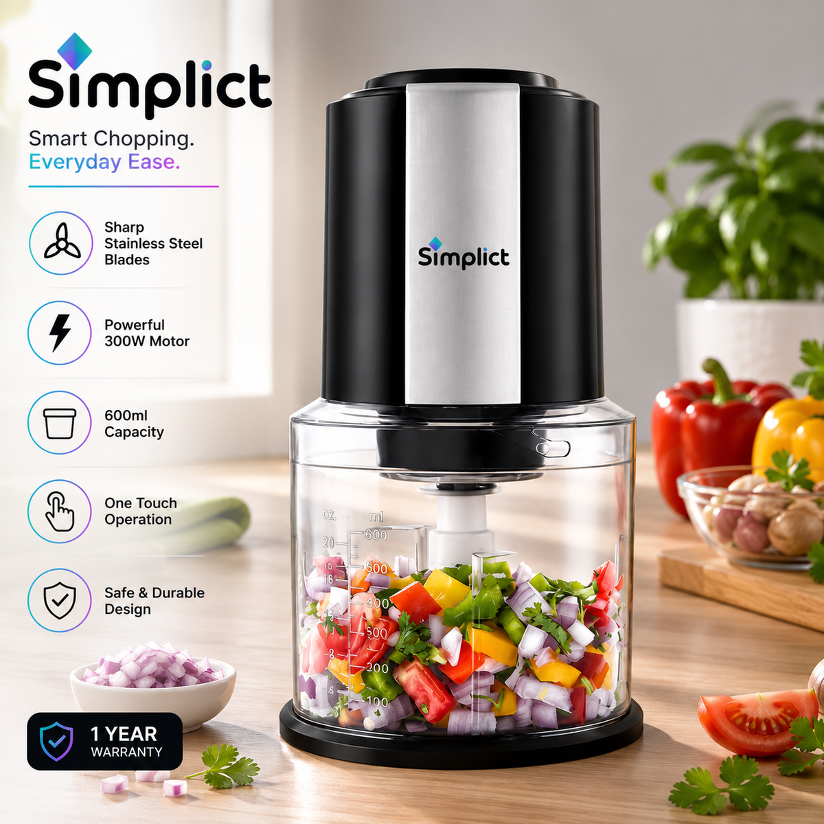 Simplict™ ChefPro Electric Food Chopper | 300W, 600ml, Twin Stainless Steel Blades