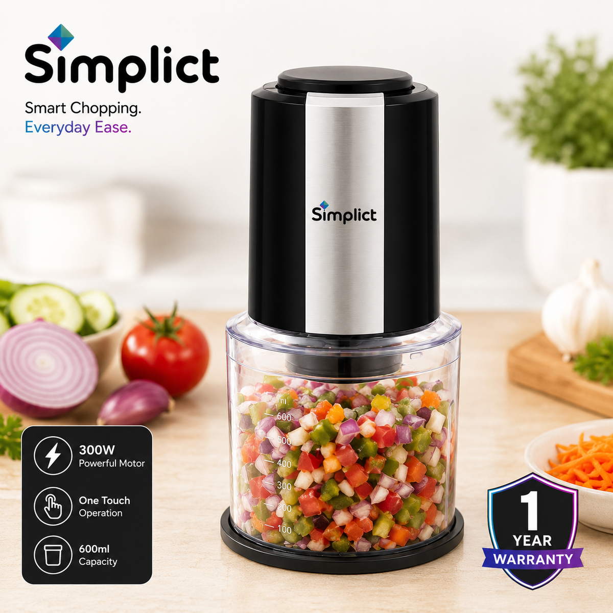 Simplict™ ChefPro Electric Food Chopper | 300W, 600ml, Twin Stainless Steel Blades