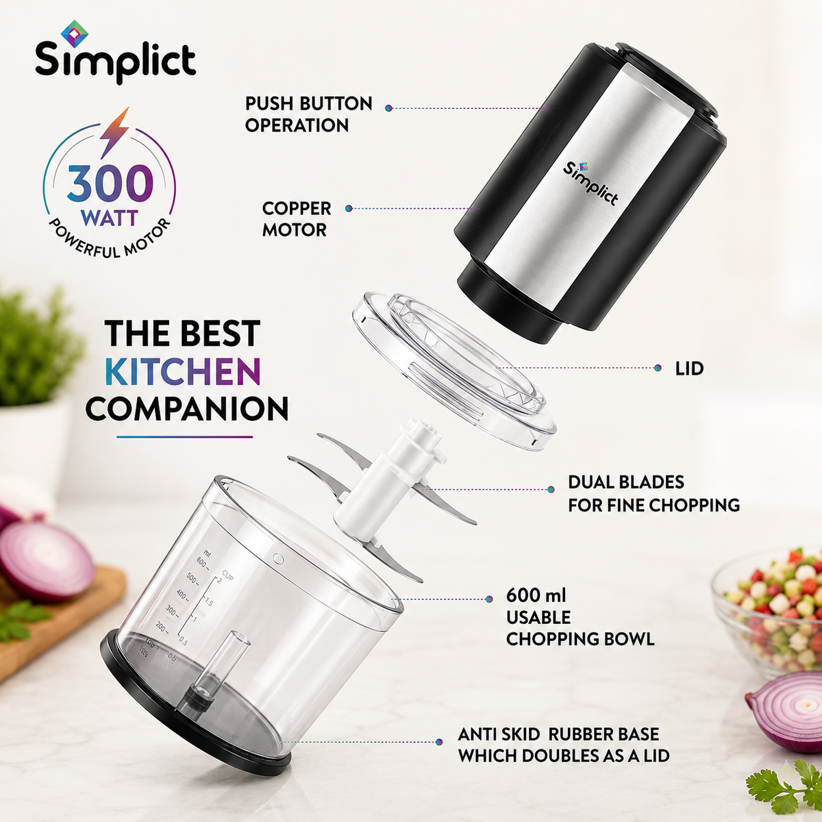 Simplict™ ChefPro Electric Food Chopper | 300W, 600ml, Twin Stainless Steel Blades